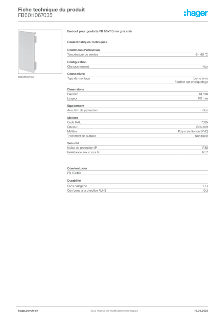 Image Hager Fiche technique du produit FB6011067035 | Hager Suisse