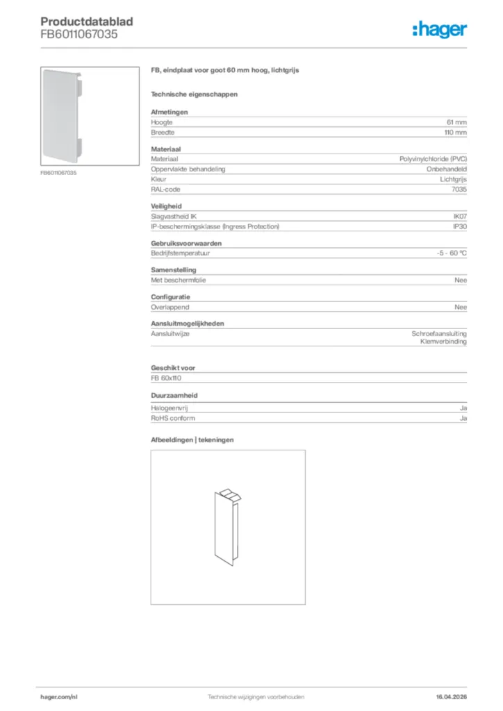 Afbeelding Hager Productdatablad FB6011067035 | Hager Nederland