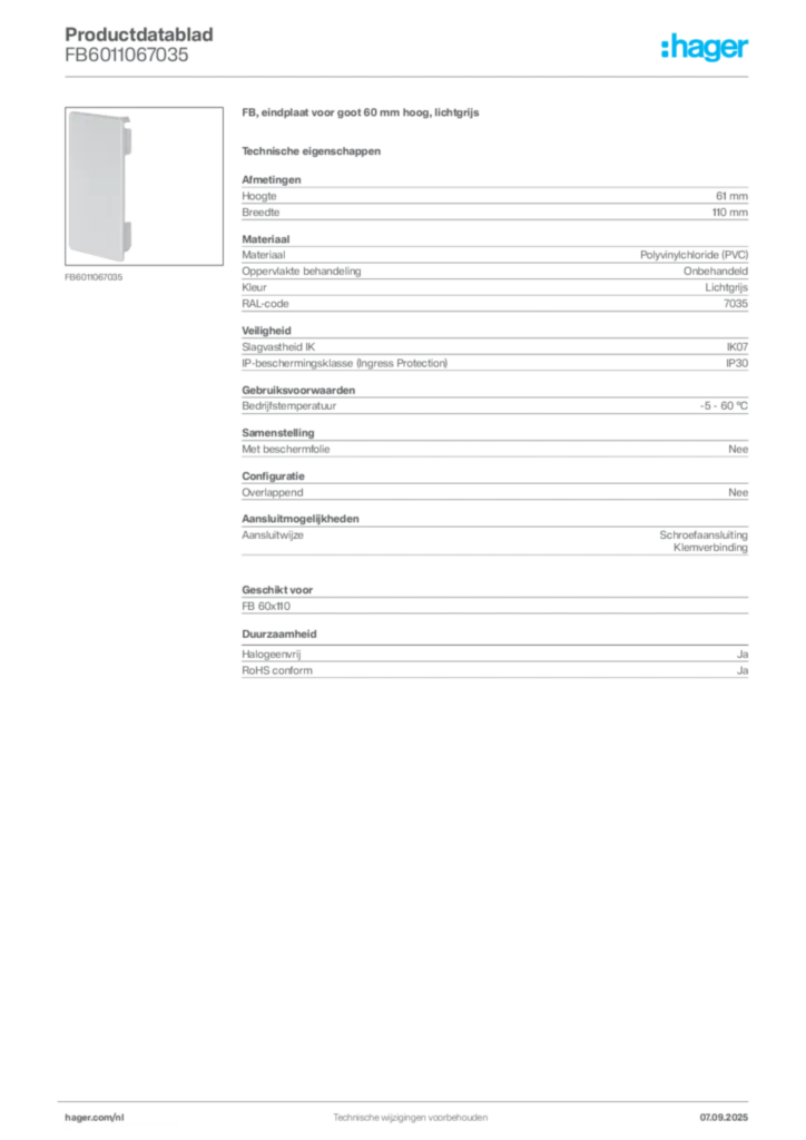 Afbeelding Hager Productdatablad FB6011067035 | Hager Nederland