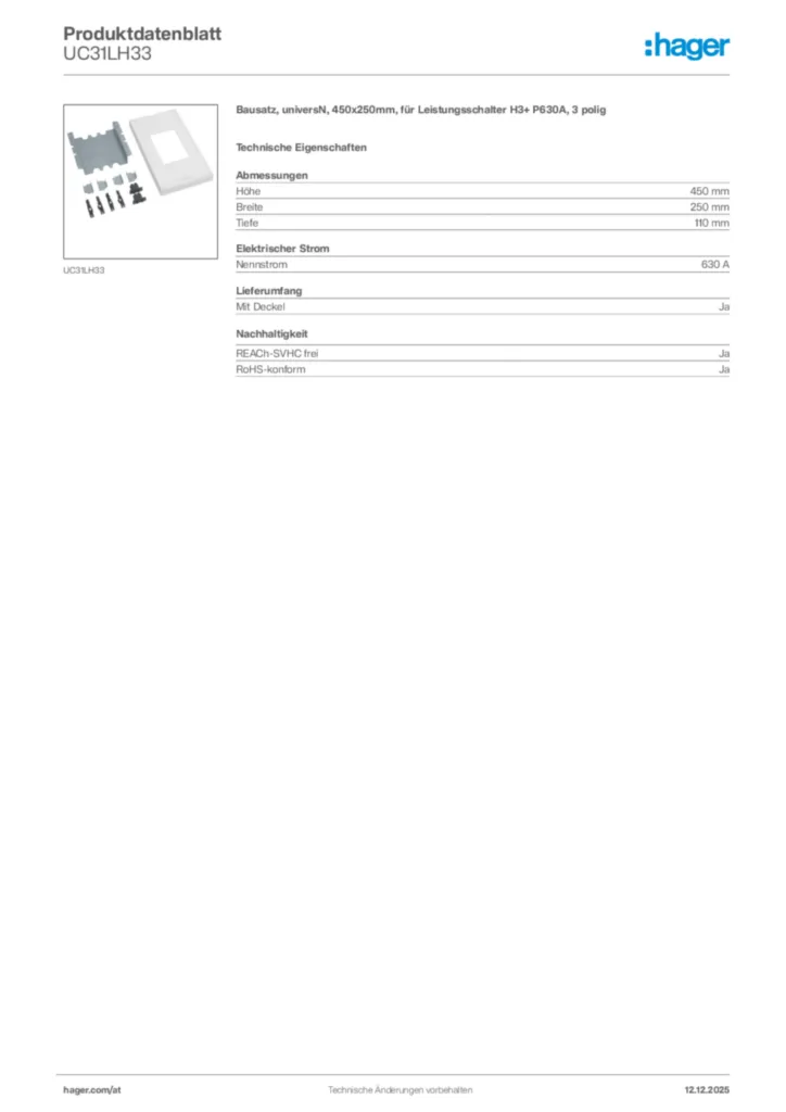 Bild Hager Produktdatenblatt UC31LH33 | Hager Deutschland