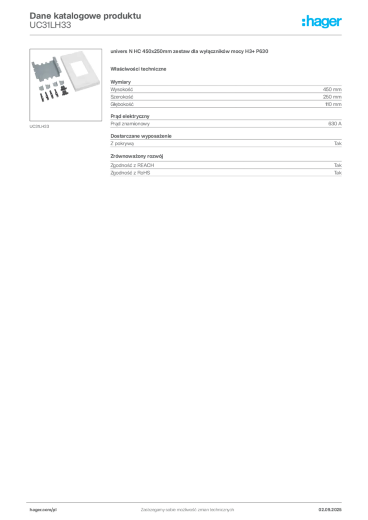 Zdjęcie Hager Karta katalogowa UC31LH33 | Hager Polska