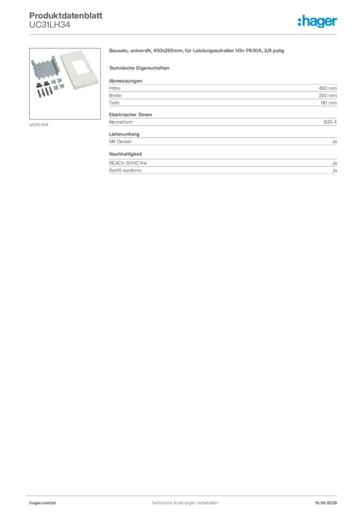 Bild Hager Produktdatenblatt UC31LH34 | Hager Deutschland
