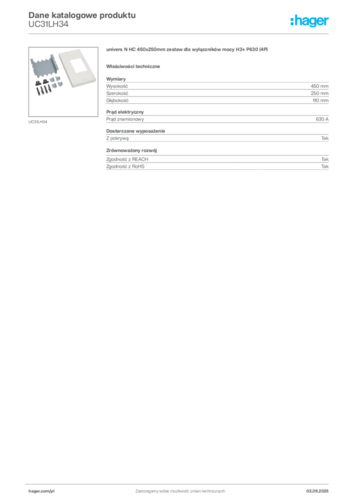 Zdjęcie Hager Karta katalogowa UC31LH34 | Hager Polska