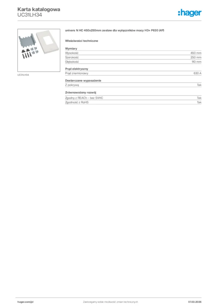 Zdjęcie Hager Karta katalogowa UC31LH34 | Hager Polska