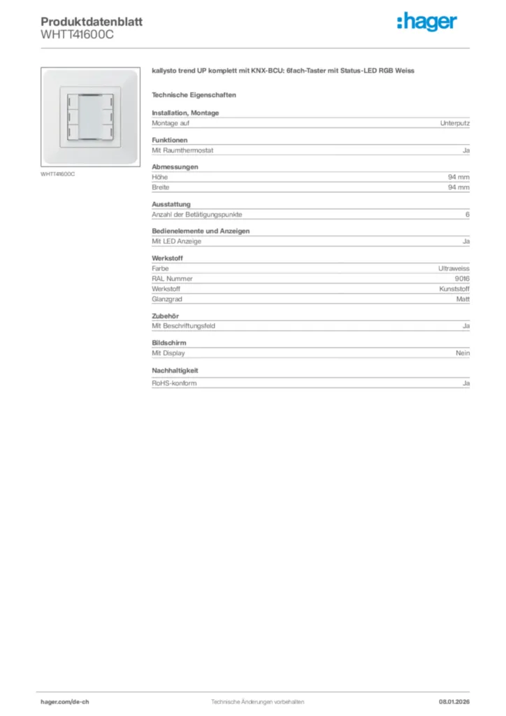 Bild Hager Produktdatenblatt WHTT41600C | Hager Schweiz