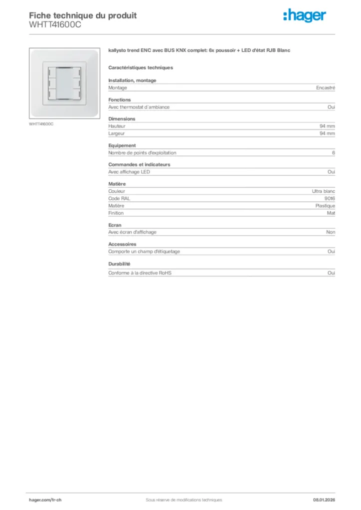 Image Hager Fiche technique du produit WHTT41600C | Hager Suisse