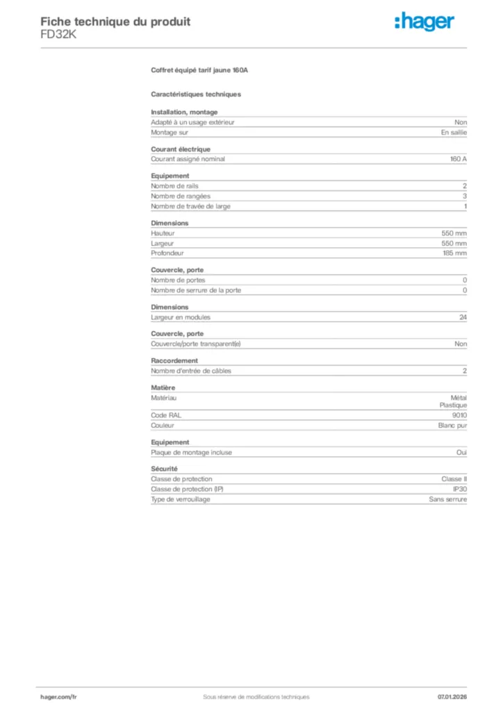 Image Hager Fiche technique du produit FD32K | Hager France
