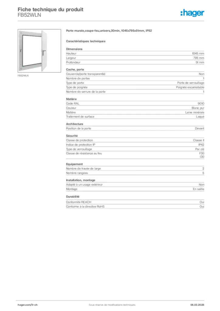 Image Hager Fiche technique du produit FB52WLN | Hager Suisse