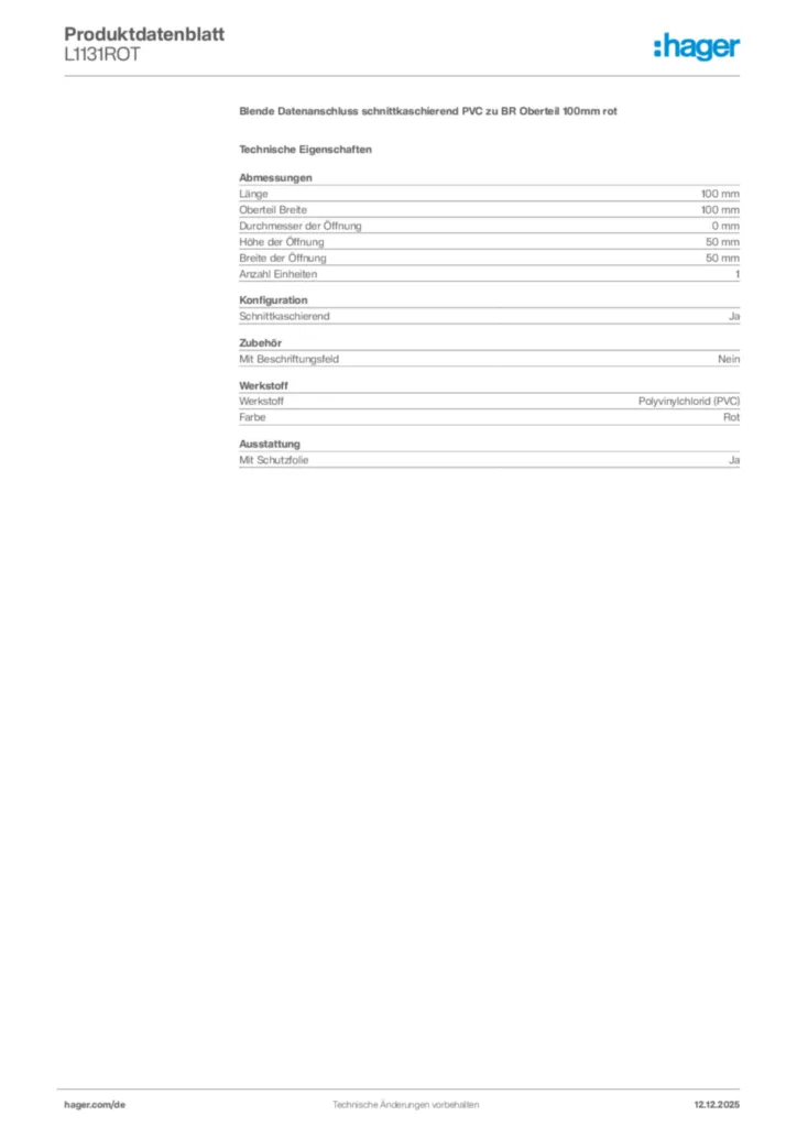 Bild Hager Produktdatenblatt L1131ROT | Hager Deutschland