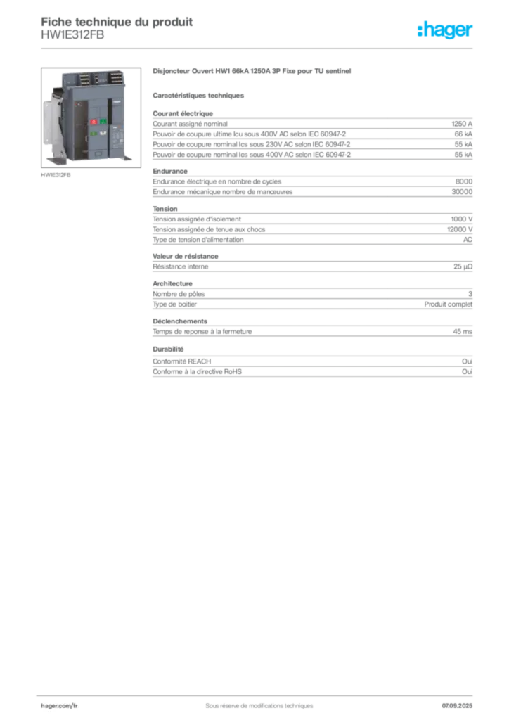 Image Hager Fiche technique du produit HW1E312FB | Hager France