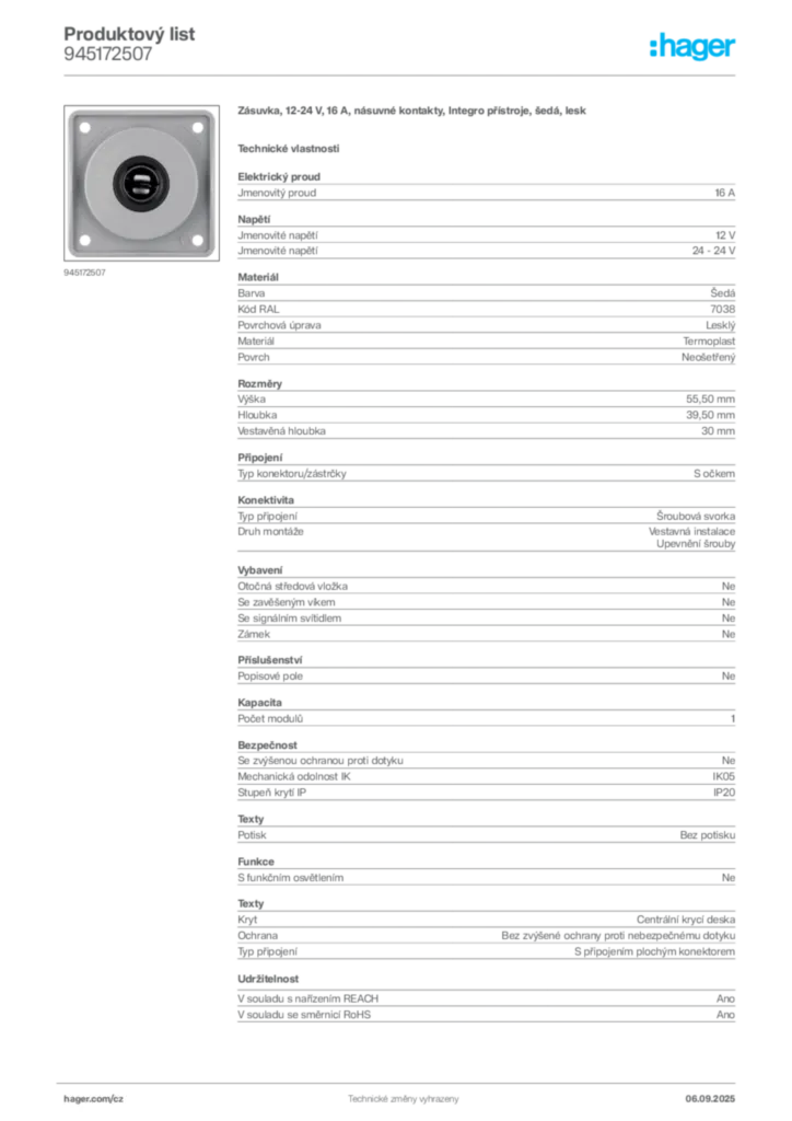 Obrázek Hager Produktový list 945172507 | Hager