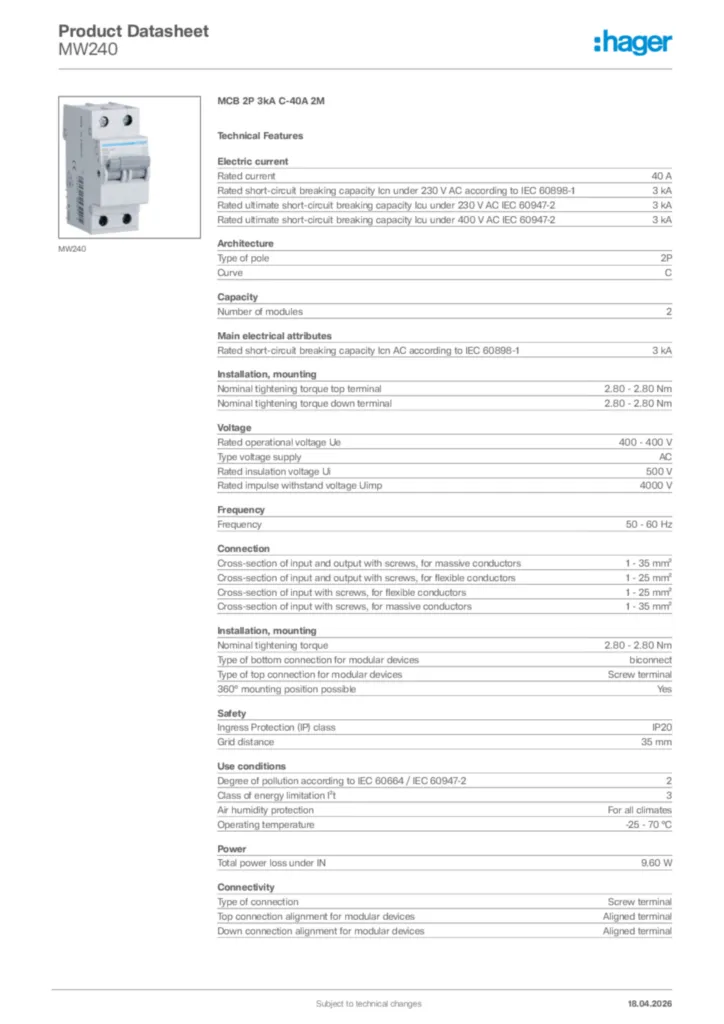 Image Hager Product data sheet MW240  | Hager Africa