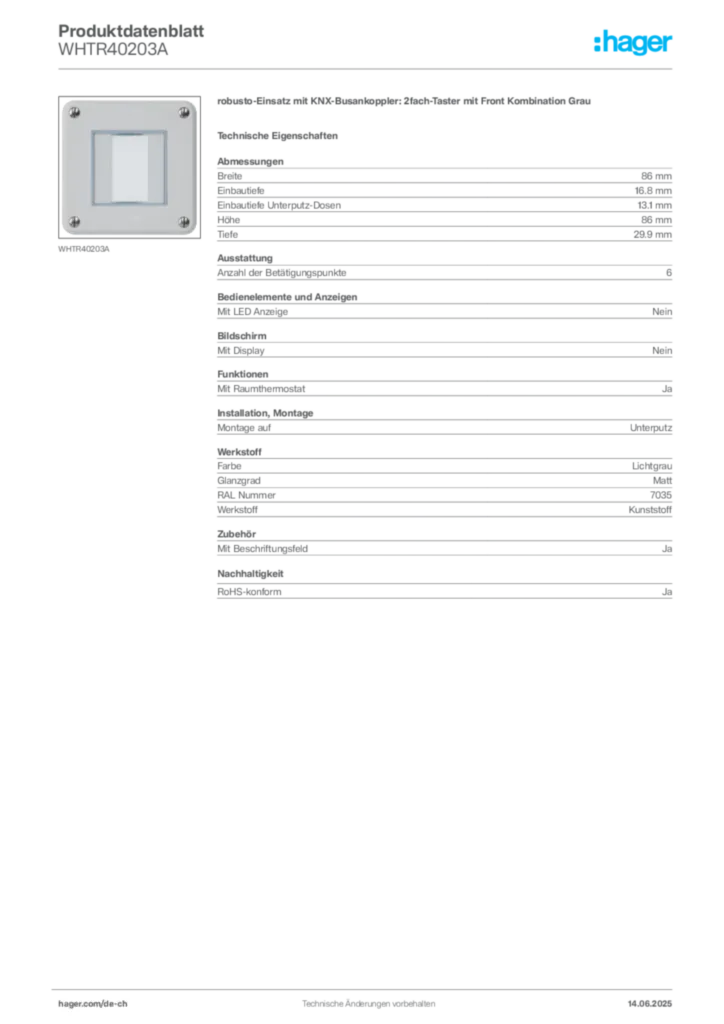 Bild Hager Produktdatenblatt WHTR40203A | Hager Schweiz