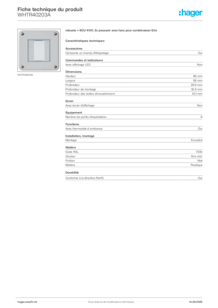 Image Hager Fiche technique du produit WHTR40203A | Hager Suisse