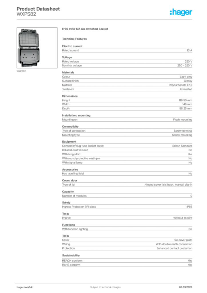Image Hager Product data sheet WXPS82  | Hager