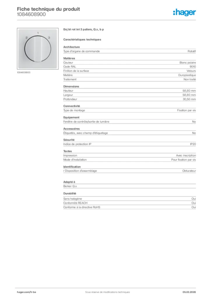 Image Hager Fiche technique du produit 1084608900 | Hager Belgique