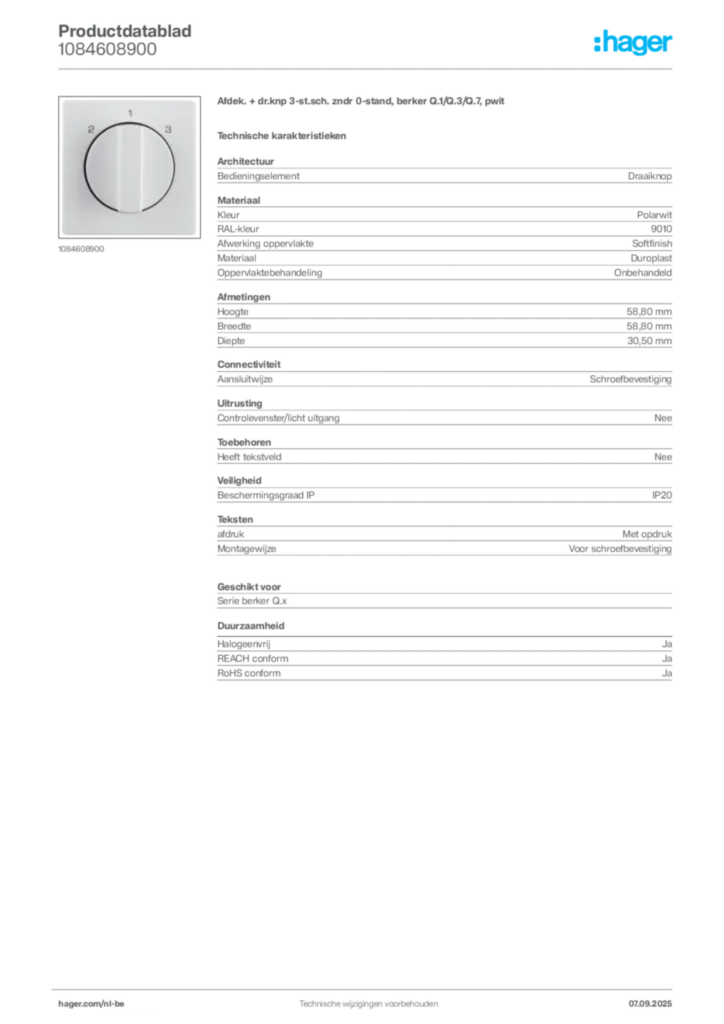 Afbeelding Hager Productdatablad 1084608900 | Hager Belgium