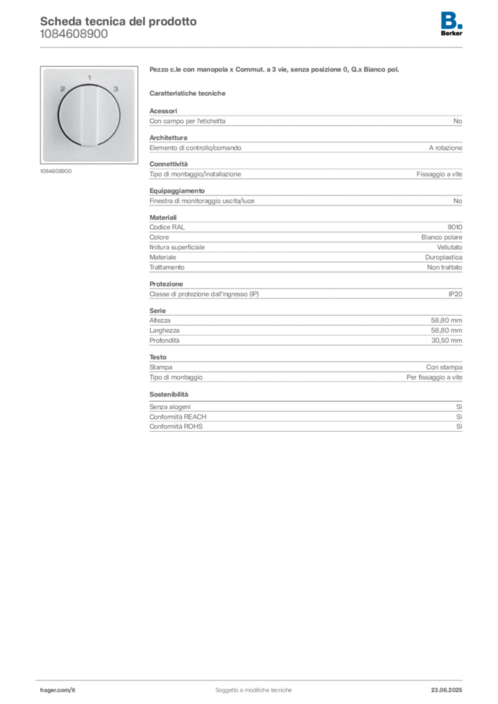 Immagine Berker Scheda tecnica del prodotto 1084608900 | Hager Italia