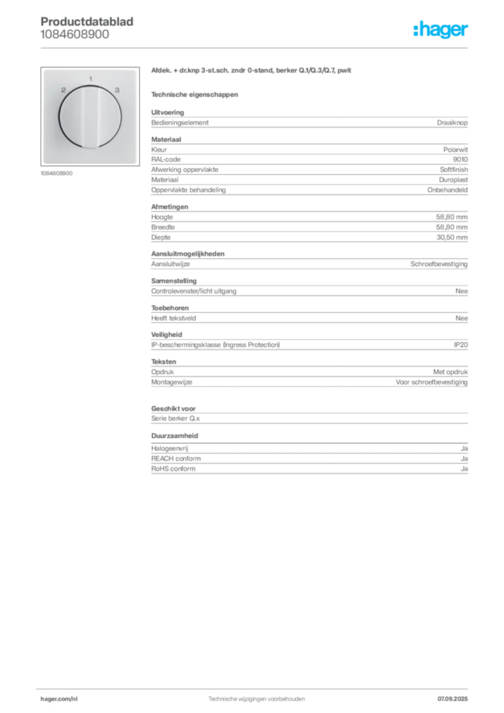 Afbeelding Hager Productdatablad 1084608900 | Hager Nederland