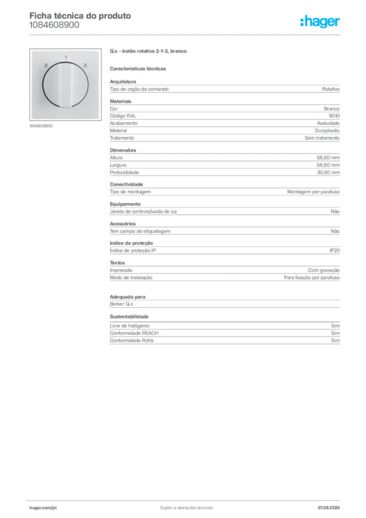 Imagem Hager Ficha técnica do produto 1084608900 | Hager Portugal