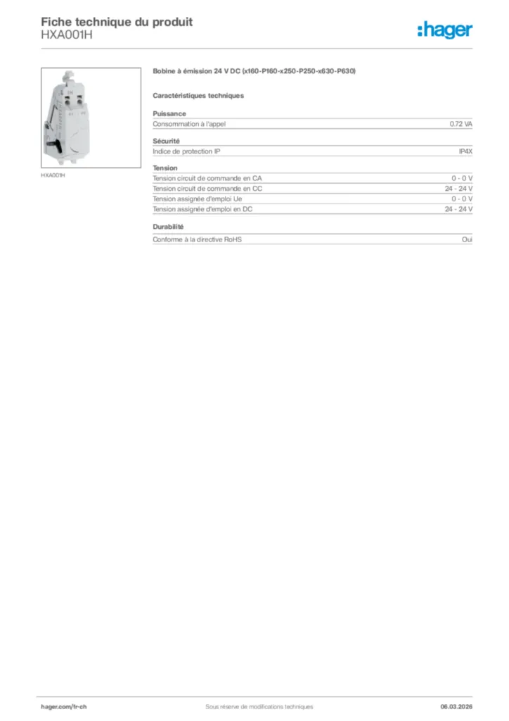 Image Hager Fiche technique du produit HXA001H | Hager Suisse