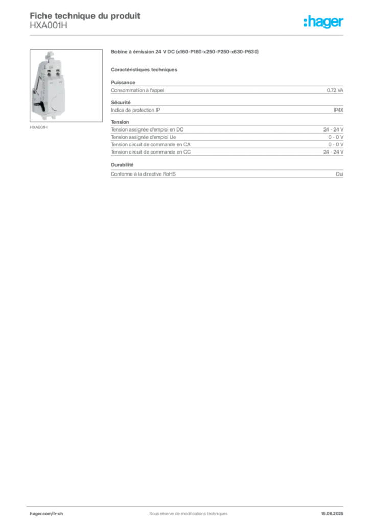 Image Hager Fiche technique du produit HXA001H | Hager Suisse