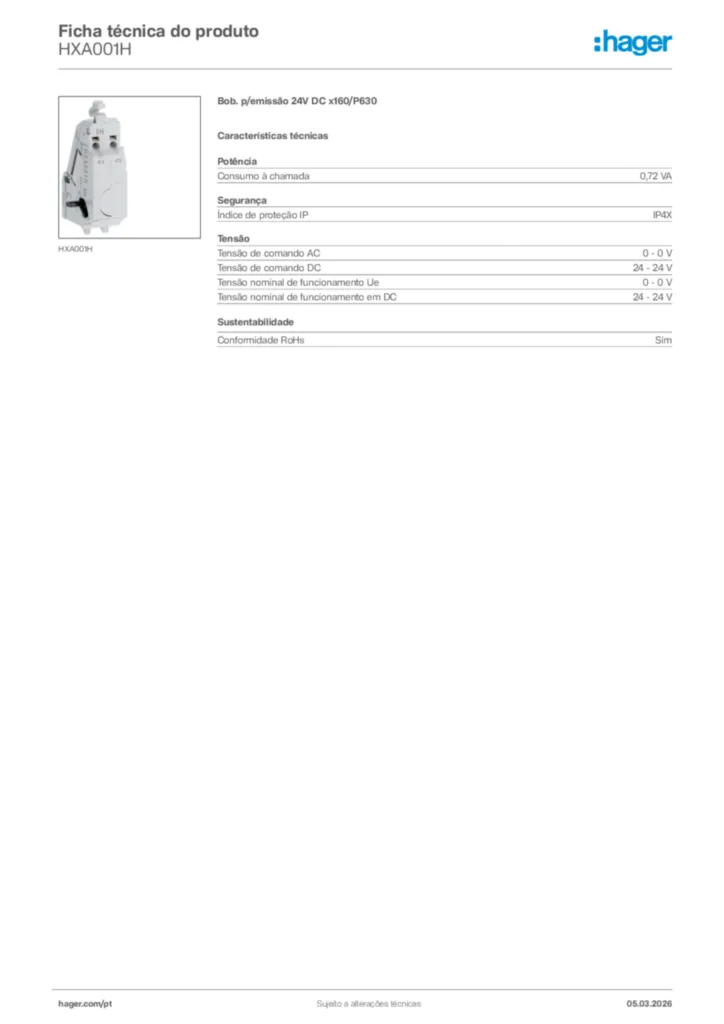 Imagem Hager Ficha técnica do produto HXA001H | Hager Portugal