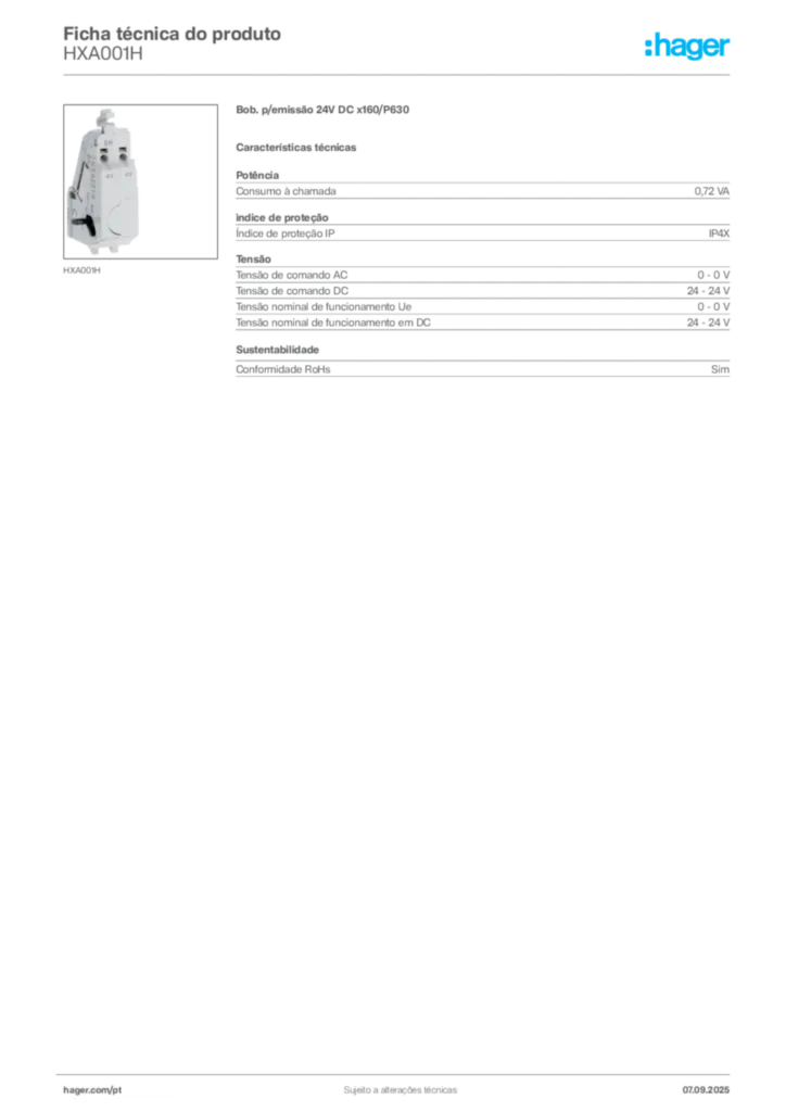 Imagem Hager Ficha técnica do produto HXA001H | Hager Portugal