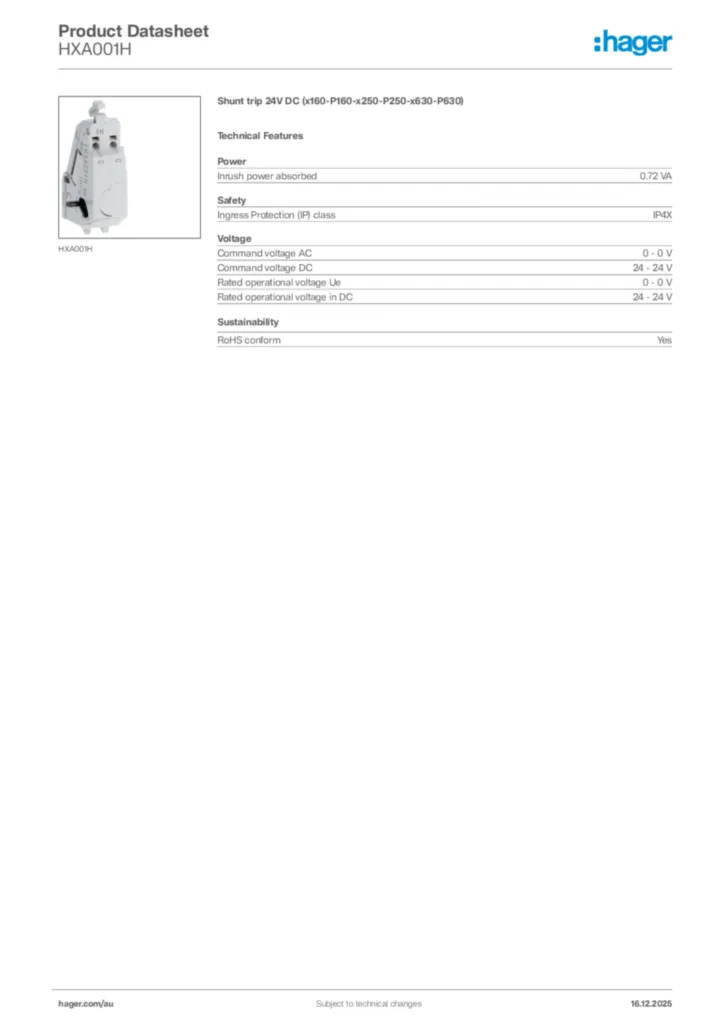Image Hager Product data sheet HXA001H  | Hager Australia