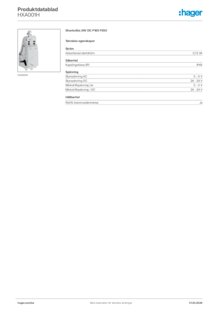 Bild Hager Produktdatablad HXA001H | Hager Sverige