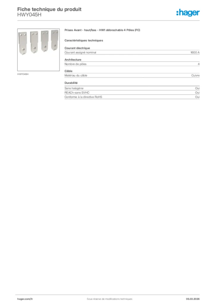 Image Hager Fiche technique du produit HWY045H | Hager France