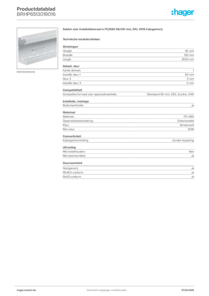 Afbeelding Hager Productdatablad BRHP6513019016 | Hager Belgium