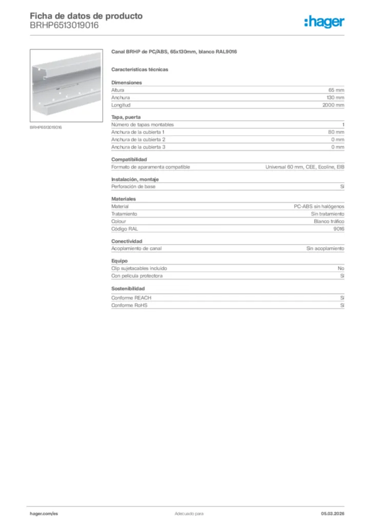 Imagen Hager Ficha de datos de producto BRHP6513019016 | Hager España