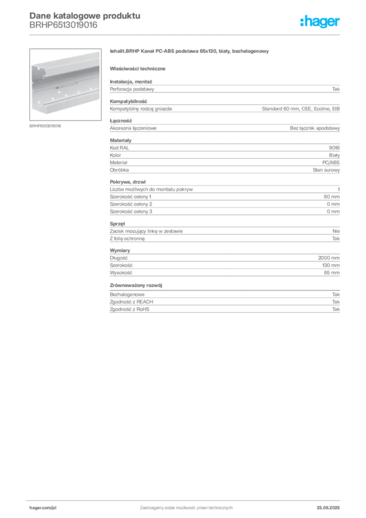 Zdjęcie Hager Karta katalogowa BRHP6513019016 | Hager Polska