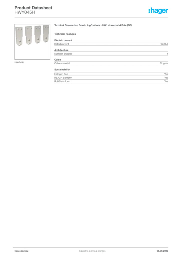 Image Hager Product data sheet HWY045H  | Hager Australia