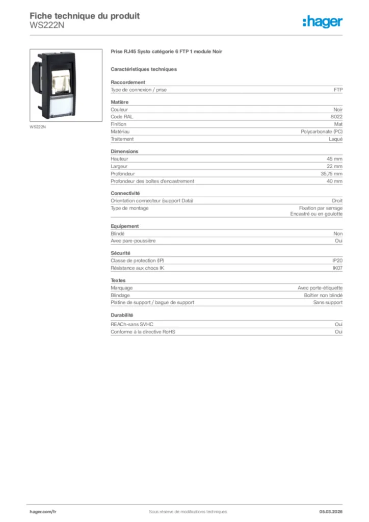 Image Hager Fiche technique du produit WS222N | Hager France