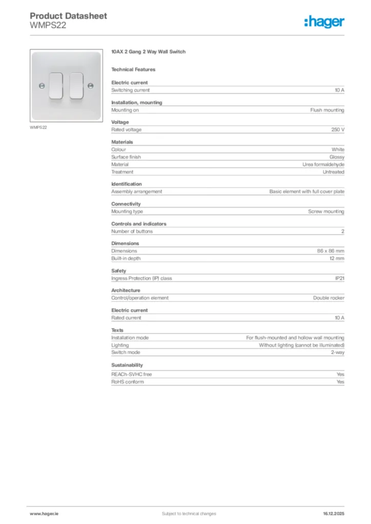 Image Hager Product data sheet WMPS22  | Hager