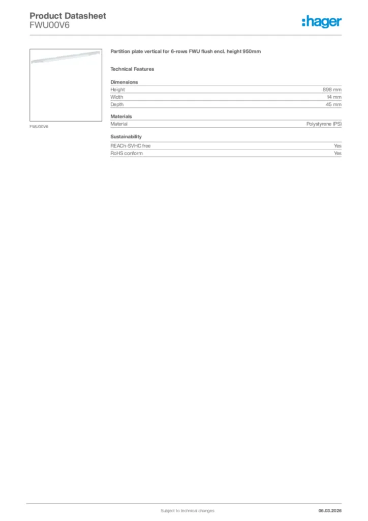 Image Hager Product data sheet FWU00V6  | Hager Africa