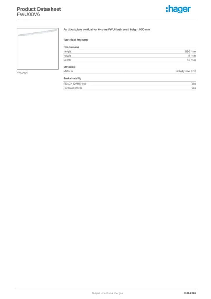 Image Hager Product data sheet FWU00V6  | Hager Africa