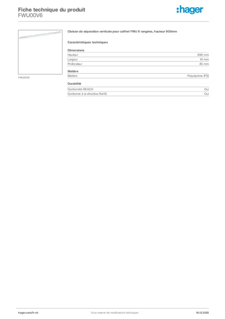 Image Hager Fiche technique du produit FWU00V6 | Hager Suisse