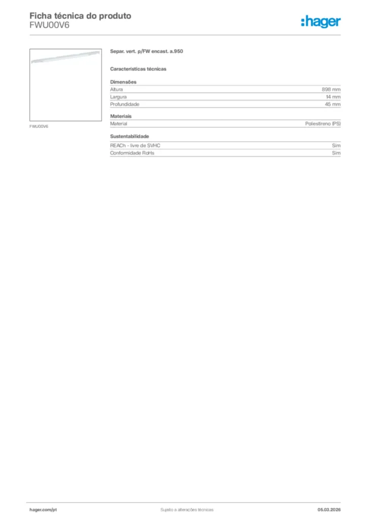 Imagem Hager Ficha técnica do produto FWU00V6 | Hager Portugal