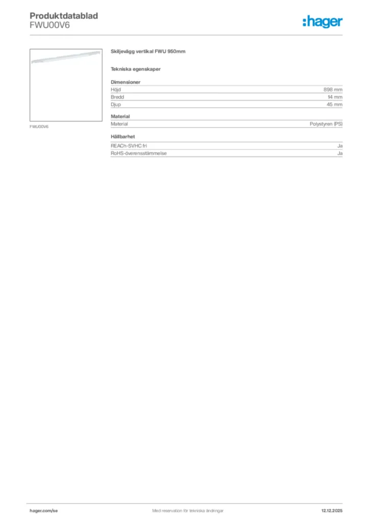 Bild Hager Produktdatablad FWU00V6 | Hager Sverige