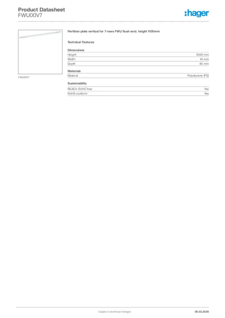 Image Hager Product data sheet FWU00V7  | Hager Africa