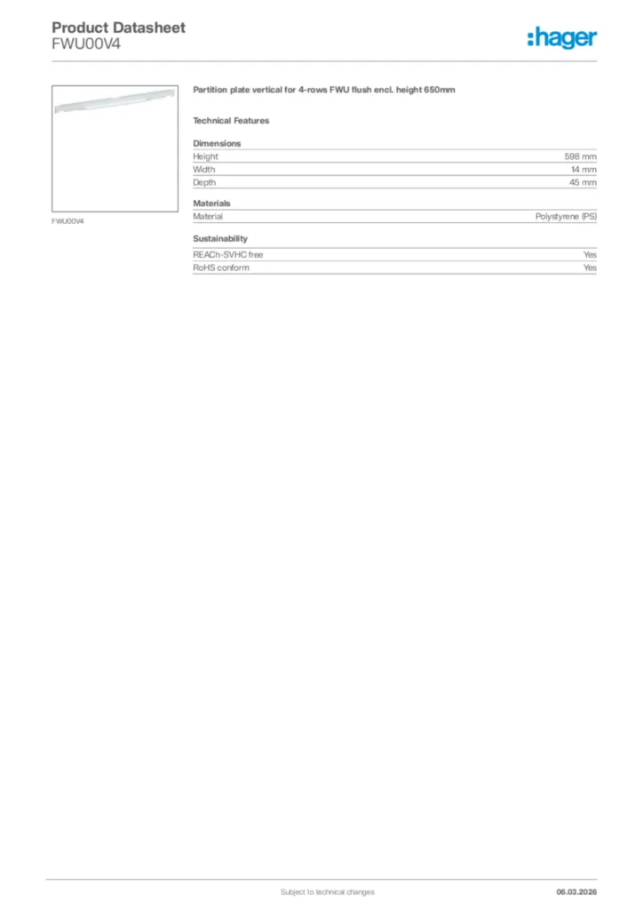 Image Hager Product data sheet FWU00V4  | Hager Africa