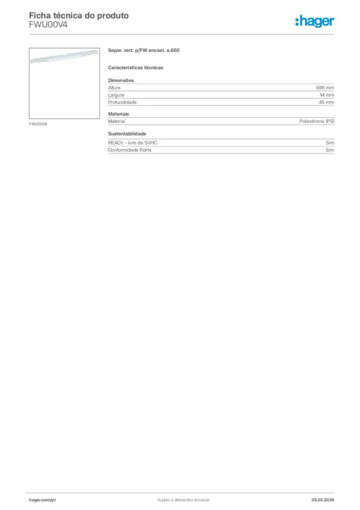 Imagem Hager Ficha técnica do produto FWU00V4 | Hager Portugal