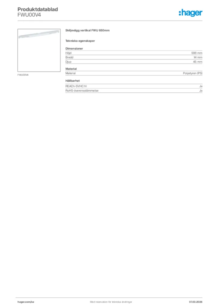 Bild Hager Produktdatablad FWU00V4 | Hager Sverige