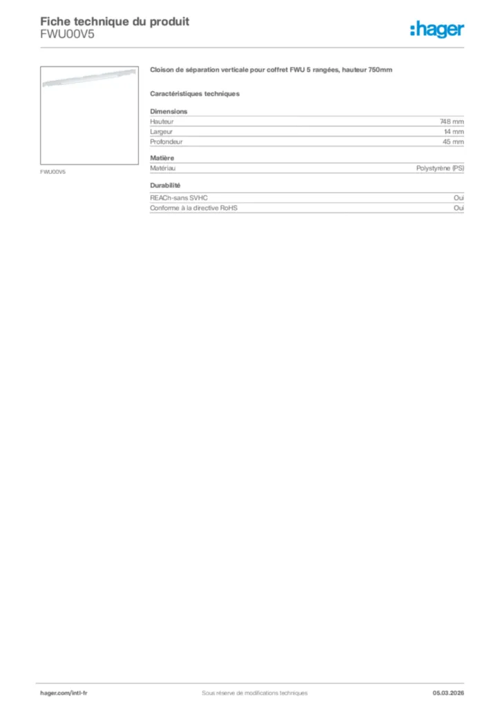 Image Hager Fiche technique du produit FWU00V5 | Hager Afrique