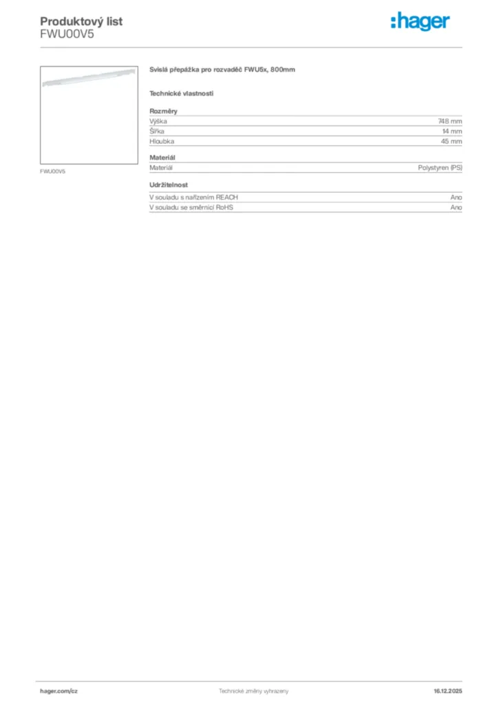 Obrázek Hager Produktový list FWU00V5 | Hager