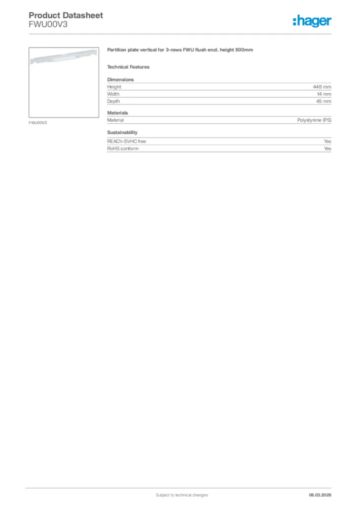 Image Hager Product data sheet FWU00V3  | Hager Africa
