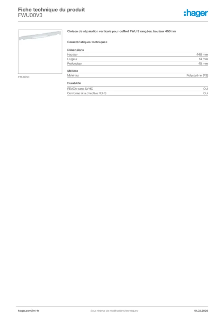 Image Hager Fiche technique du produit FWU00V3 | Hager Afrique